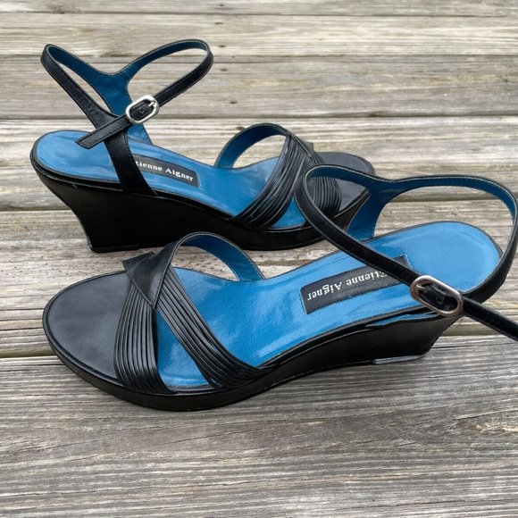 Etienne Aigner Women Shoes Wedge Heel Black Leather Upper Sandal Size 9M - Picture 6 of 12